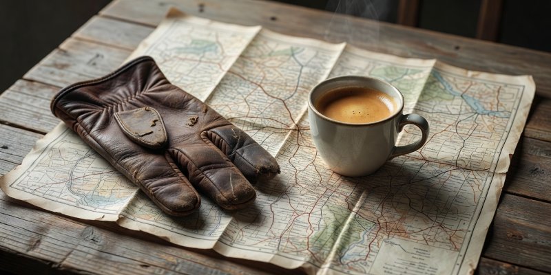 A worn leather driving glove and a small cup of espresso resting on a detailed local road map