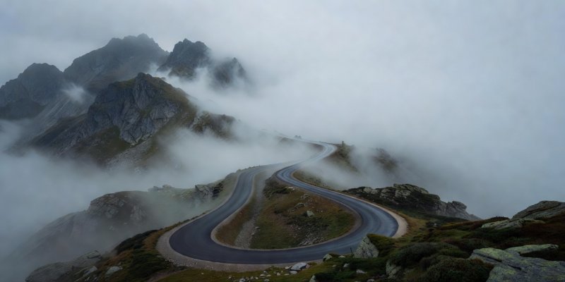 A twisting asphalt road disappearing into thick fog on a high European mountain pass