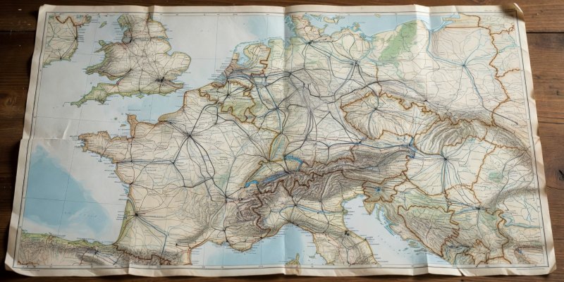 A well-worn European road map covered in faint pencil marks charting a driving route